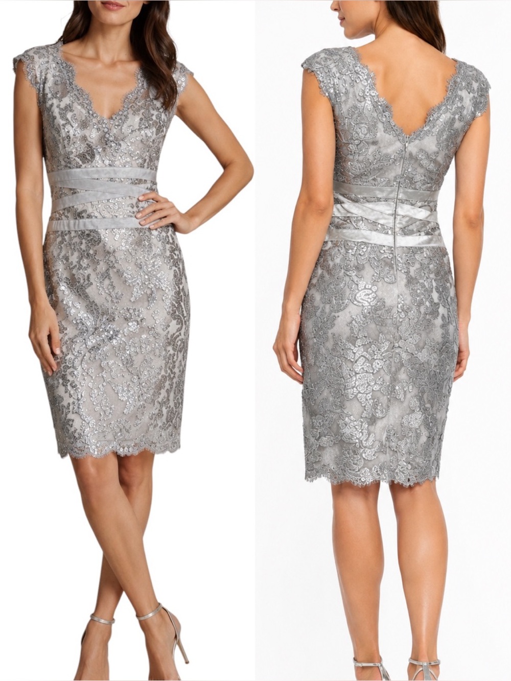 Tadashi Shoji Designer Silver Sequin Lace Cocktail Dress Sz 12